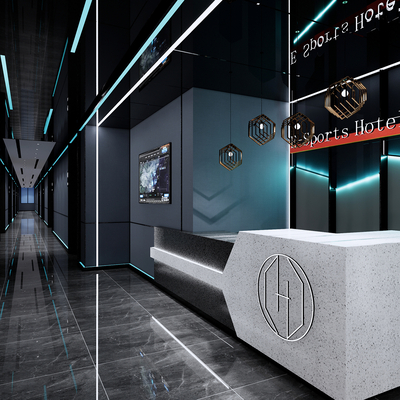 Modern e-sports hotel front desk aisle