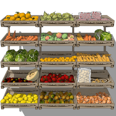 Modern fruits and vegetables fresh supermarket display shelves