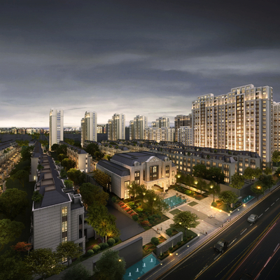 Bird's-eye view of night view of European residential district