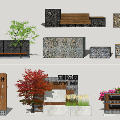 Modern gabion stone wall landscape