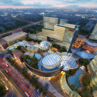 Modern commercial complex bird's eye view of the night