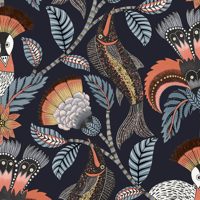 Blue plant animal cartoon print floral wallpaper