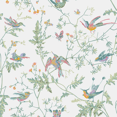 White flower and bird plant print wallpaper