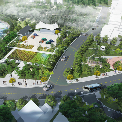 Bird's-eye view of modern new rural activity square