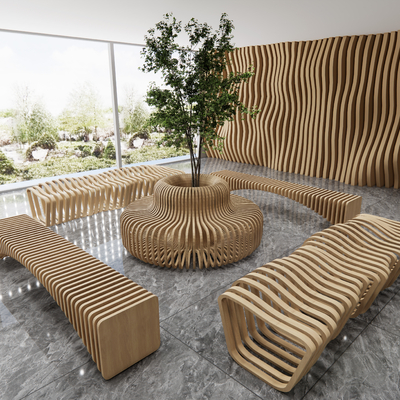 Modern shaped solid wood public seat