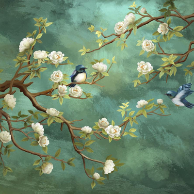 Oil painting flowers and birds wallpaper