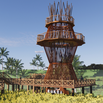 Natural view tower overlooks tower mountain wooden plank road