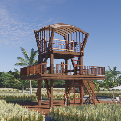 Modern observation tower overlooking tower mountain wooden plank road