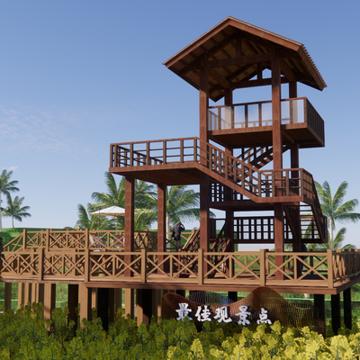 Modern observation tower overlooking tower mountain wooden plank road