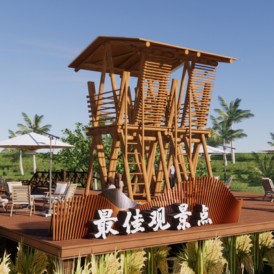 Modern observation tower overlooking tower mountain wooden plank road