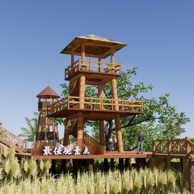 Modern observation tower overlooking tower mountain wooden plank road