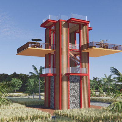 Modern observation tower overlooking tower mountain wooden plank road