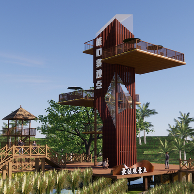 Modern observation tower overlooking tower mountain wooden plank road