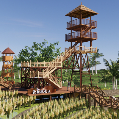 Modern observation tower overlooking tower mountain wooden plank road