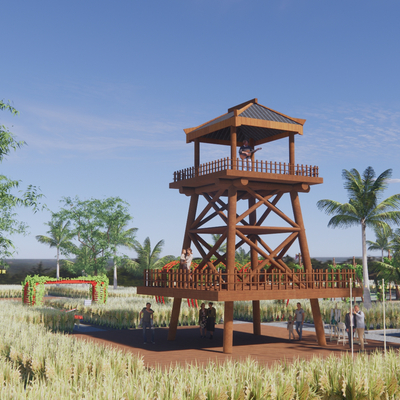 Modern observation tower overlooking tower mountain wooden plank road