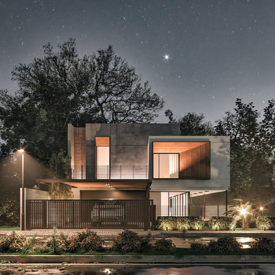 Modern single-family villa building exterior night view