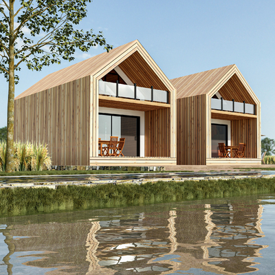 Modern Paddy Field Landscape Wooden House Exterior