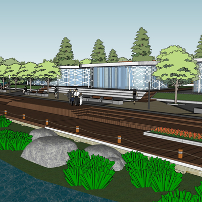 Modern urban waterfront park landscape