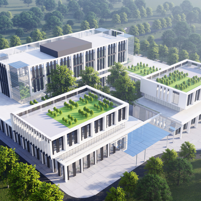 Aerial view of modern multi-storey office building
