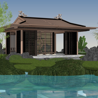 Chinese-style waterfront viewing pavilion