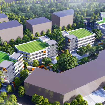 A bird's eye view of a modern office building