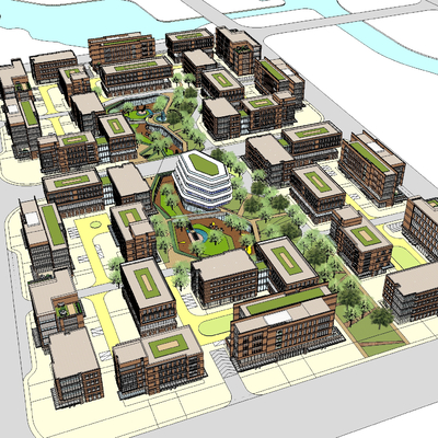 Bird's-eye view of modern office industrial park