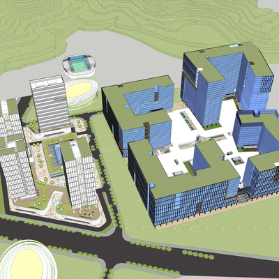 Bird's-eye view of modern office industrial park