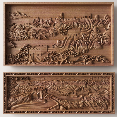 Chinese Wooden Great Wall Carved Embossed