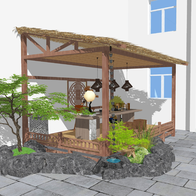 New Chinese-style thatched grass tea pavilion