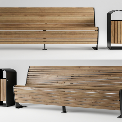 Solid wood outdoor bench public trash can