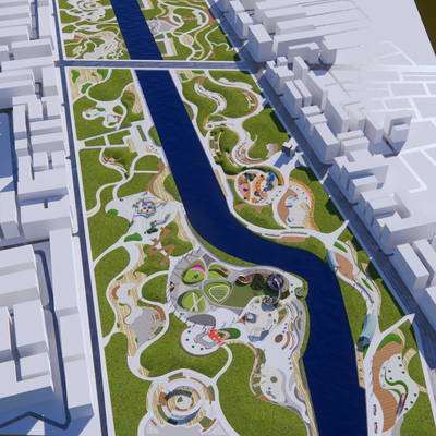 Bird's-eye view planning of riverbank park