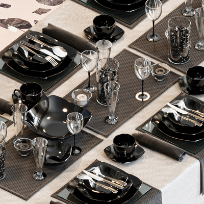 Tableware, dishes, wine glasses, water glasses, forks