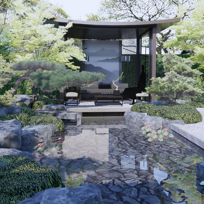 New Chinese Villa Courtyard Waterscape