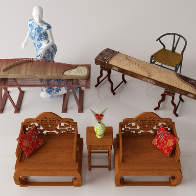 Chinese Guzheng Tea Table and Chair