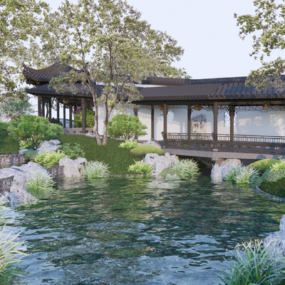 Chinese Landscape Courtyard Corridor and Bridge Landscape