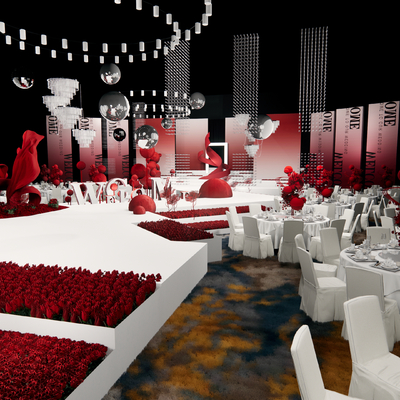 Red and white banquet hall wedding design