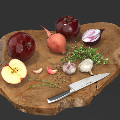 onion garlic kitchen knife chopping board apple