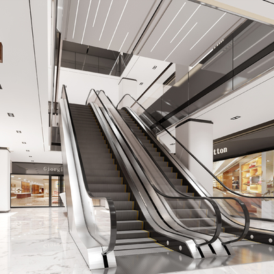 Modern shopping mall aisle escalator