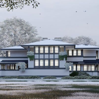 American style single-family villa with snow view