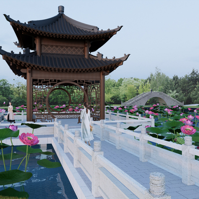 Chinese style lake island landscape stone arch bridge