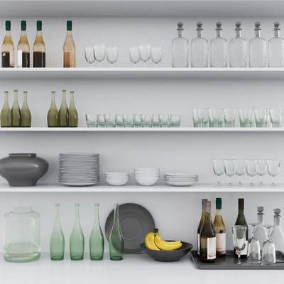 Tableware, dishes, cups, wine bottles