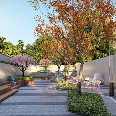 Residential area landscape between houses under the forest