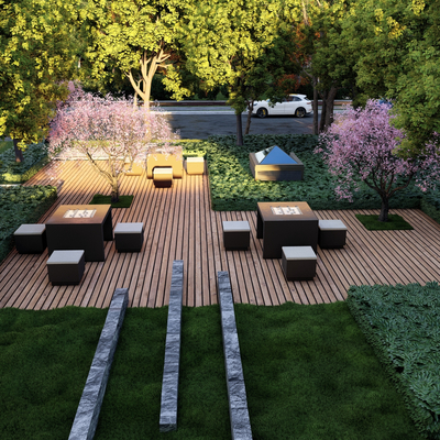 Residential area landscape between houses under the forest