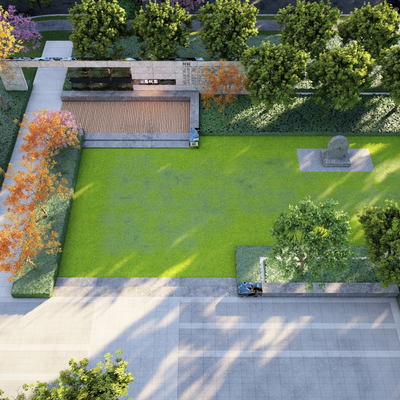 Residential area landscape between houses under forest space