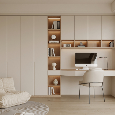 One-piece bookcase, desk and chair