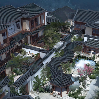 A bird's-eye view of the new Chinese-style villa courtyard