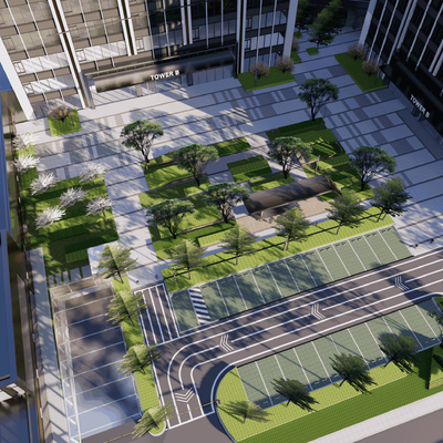 Bird's-eye view of office building outdoor landscape