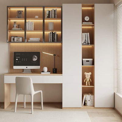 Cream Style integrated desk and chair bookcase