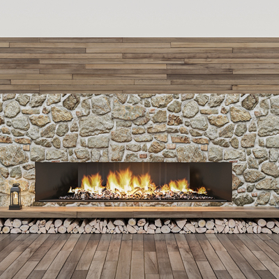 Stone wall real fire fireplace