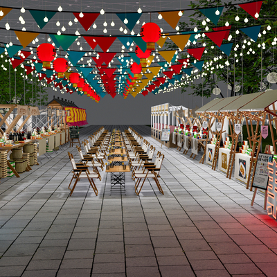Village night market stalls food street neon atmosphere lights